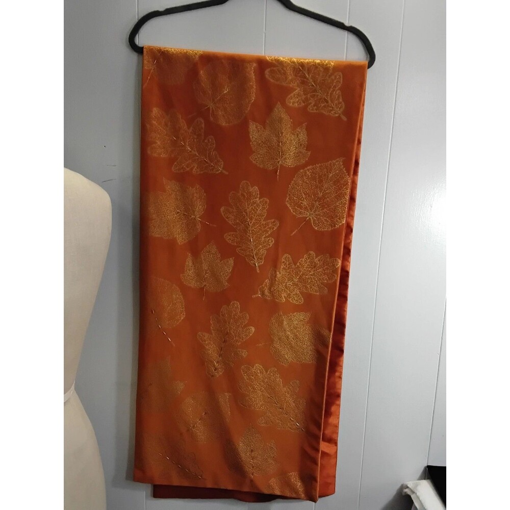 Vtg TABLE RUNNER Orange Velvet with  Metallic GOLD Beadin 72" x 16"